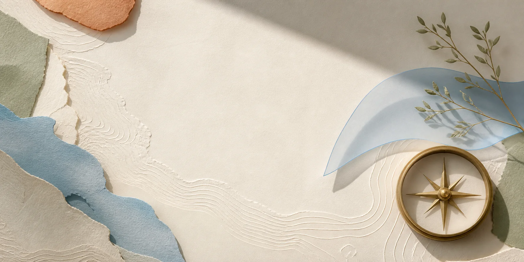 An archival paper landscape with a brass compass and local-sky arc